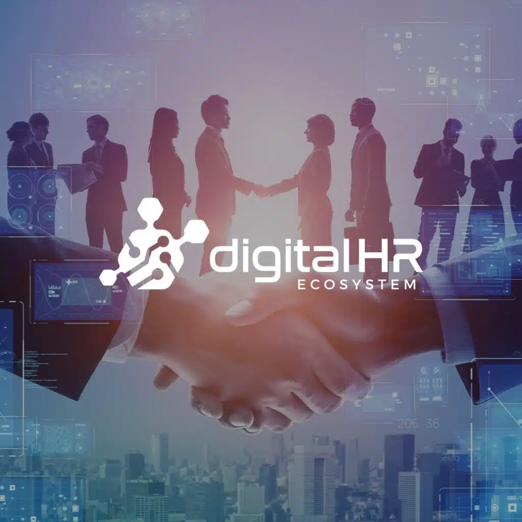 Silhouette von Händeschütteln mit dem Logo des Digital HR Ecosystems im Vordergrund