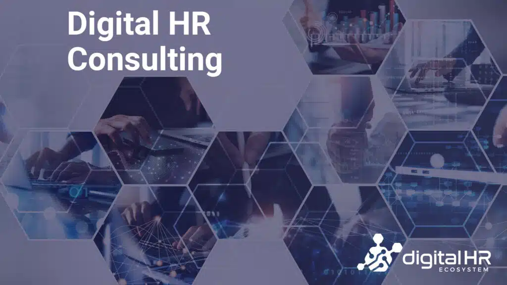 Ein Werbebanner mit dem Text 'Digital HR Consulting' über einer Collage von sechseckigen Feldern, die Daten und Technologie zeigen.