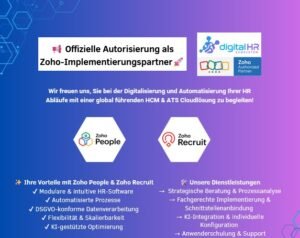 Werbeanzeige für einen offiziellen Implementierungspartner von Zoho People und Zoho Recruit mit Informationen zu den Vorteilen und Dienstleistungen.