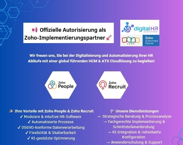 Werbeanzeige für einen offiziellen Implementierungspartner von Zoho People und Zoho Recruit mit Informationen zu den Vorteilen und Dienstleistungen.