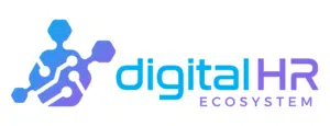 Das Logo von Digital HR Ecosystem, bestehend aus einem stilisierten Netzwerk-Symbol und dem Schriftzug „digital HR ECOSYSTEM“ in Blau- und Lilatönen.