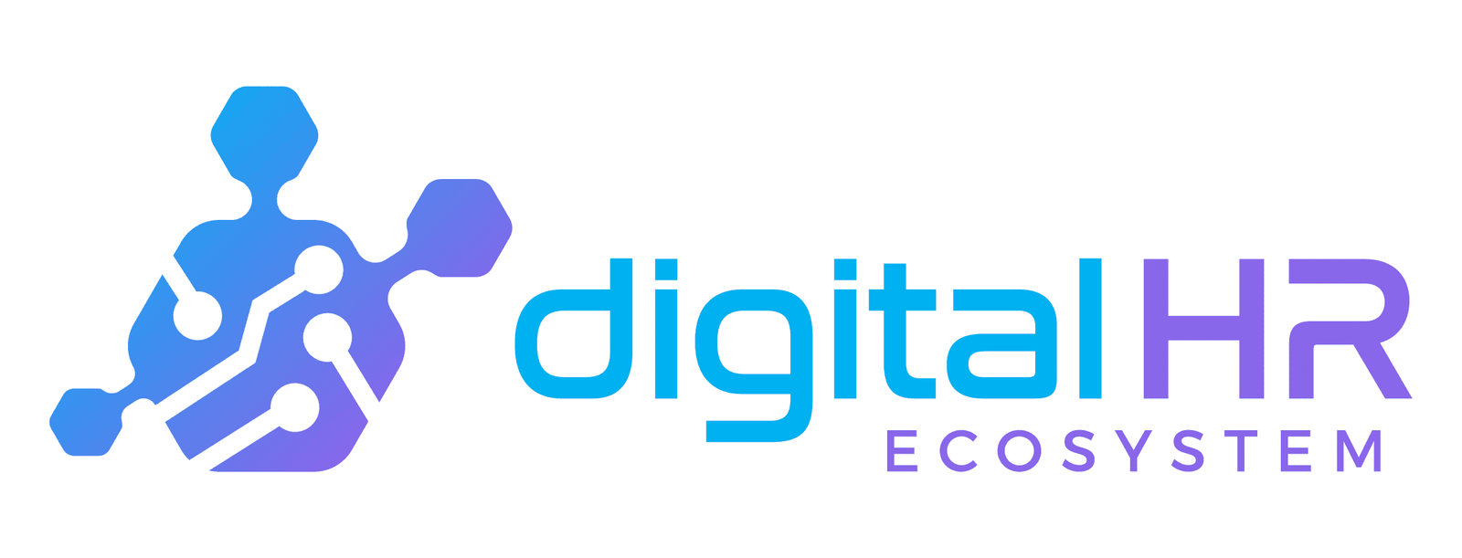 Das Logo von Digital HR Ecosystem, bestehend aus einem stilisierten Netzwerk-Symbol und dem Schriftzug „digital HR ECOSYSTEM“ in Blau- und Lilatönen.