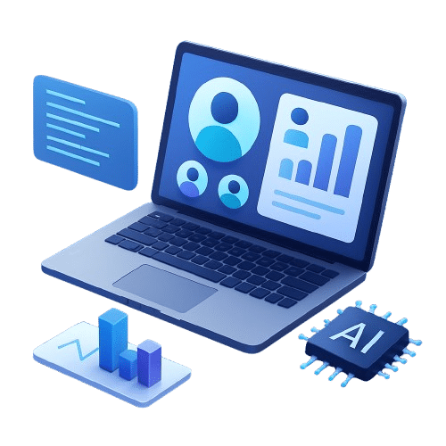 Laptop mit KI-gestütztem HR-Analyse-Dashboard mit Diagrammen, Benutzerprofilen und Datenvisualisierungstools.