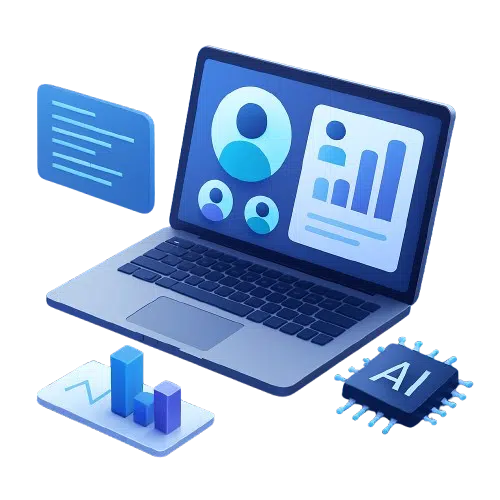 Laptop mit KI-gestütztem HR-Analyse-Dashboard mit Diagrammen, Benutzerprofilen und Datenvisualisierungstools.