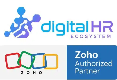Logos von Digital HR Ecosystem und Zoho Authorized Partner nebeneinander