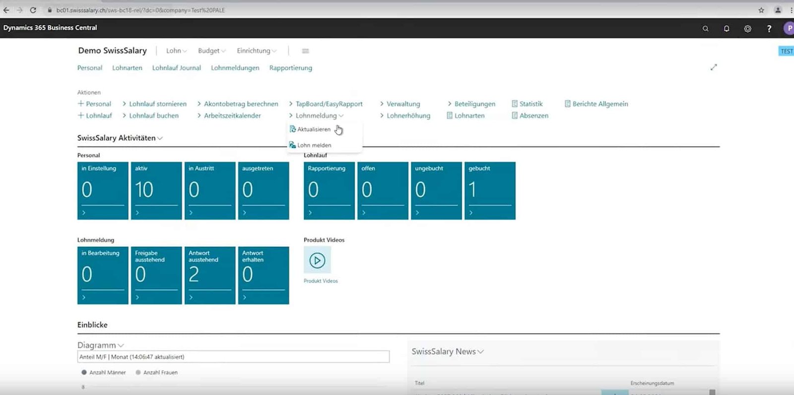 SwissSalary user dashboard in Microsoft Dynamics 365 Business Central, showing HR and payroll activities, status tiles, and reporting options.