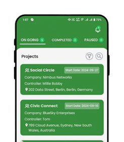 Mobiler Bildschirm, der laufende Projekte und Status in der Anwendung „Digital HR Ecosystem“ anzeigt