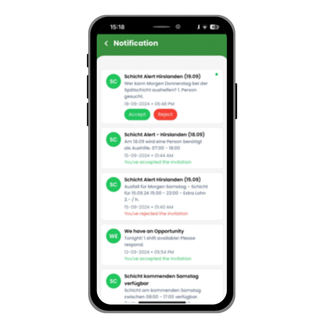 Mobiler Bildschirm mit Echtzeit-Schichtbenachrichtigungen in der App-Oberfläche des Digital HR Ecosystem