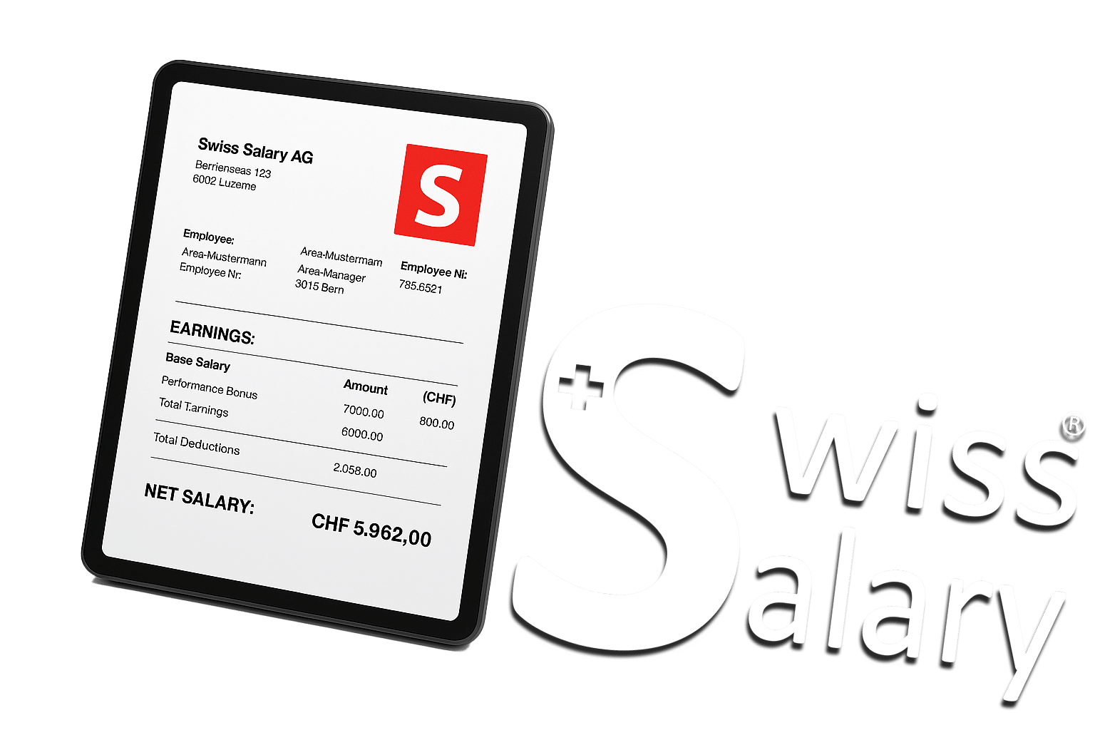 Swiss Salary AG payslip showing detailed earnings, deductions, and net salary in CHF, powered by digitalHR ECOSYSTEM.