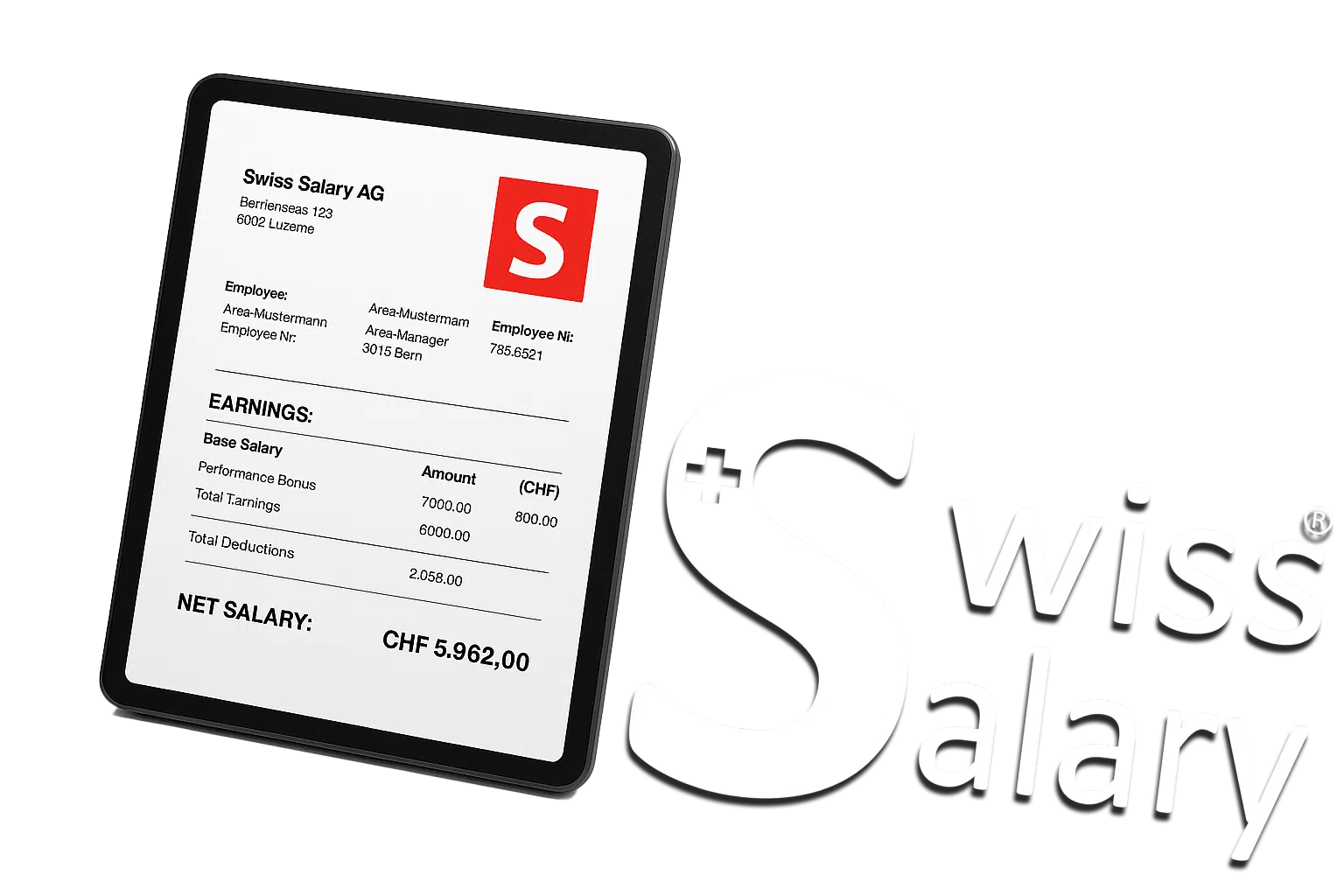 Gehaltsabrechnung der Swiss Salary AG mit detaillierten Verdiensten, Abzügen und Nettogehalt in CHF, unterstützt durch digitalHR ECOSYSTEM.